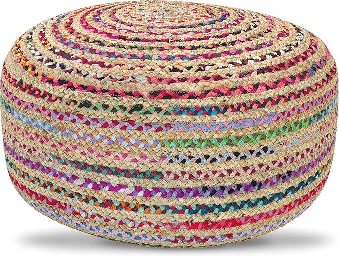 SIMPLIHOME Margo Large Round Pouf - 30 inch Wide Handwoven Jute and Cotton Braided Ottoman in Multi-Color, Boho Footstool or Extra Seating for Living Room or Bedroom with Swirl Pattern, Assembled