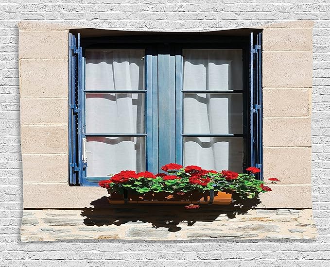 Ambesonne Shutters Decor Tapestry, Mediterranean Style Window with Open Window Shutters Image French Urban Life Style Decor, Wall Hanging for Bedroom Living Room Dorm, 60" X 40", Blue Grey