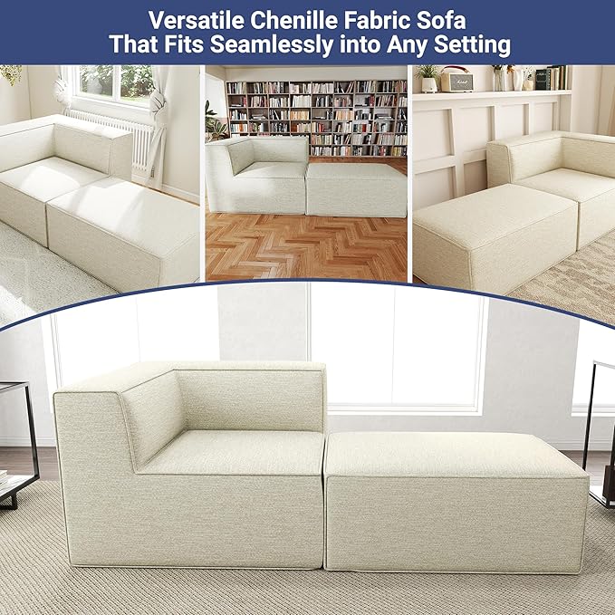 76" Sectional Compressed Sofa Modular Couches,High-Density Foam No Assembly Required, 2-Piece(1x Corner 1x Ottoman) for Living Room, Chenille Beige White