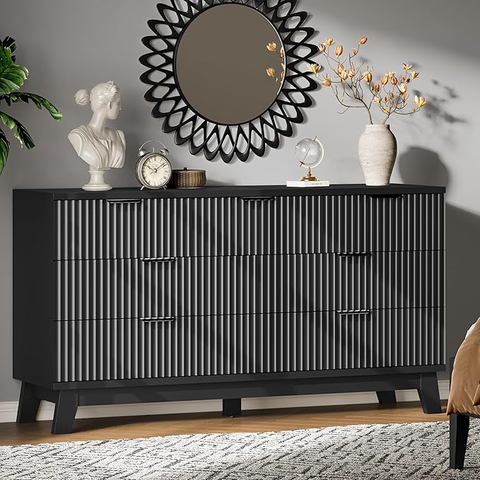 Fluted Dresser with 7 Drawers, 58" Wide Wood Chest of Drawers with Metal Handle, Wooden Dresser TV Stand, Modern Closet Clothes Storage Organizer for Bedroom, Living Room, Hallway, Solid Black