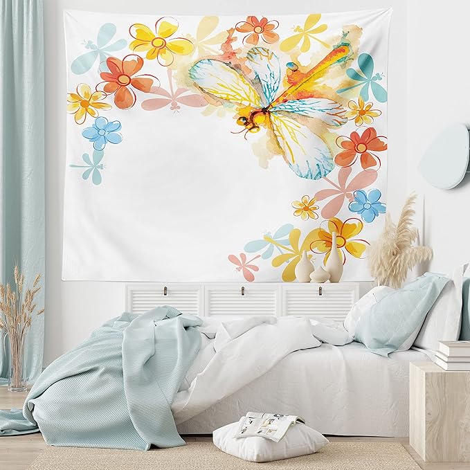 Ambesonne Dragonfly Tapestry King Size, Abstract Grunge Vintage Design Moth Spring Flowers Floral Frame Art Print, Wall Hanging Bedspread Bed Cover Wall Decor, 104" X 88", Yellow Orange
