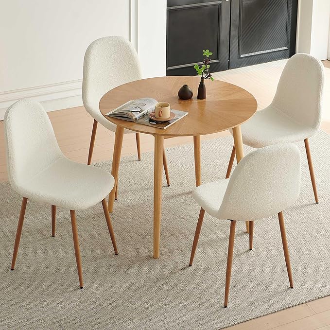 Howtek Mid-Century Modern Dining Chairs Set of 4, Plush White Teddy Fleece Upholstered Kitchen Side Chairs with Backrest & Metal Legs for Dining Room, Living Room, Apartment