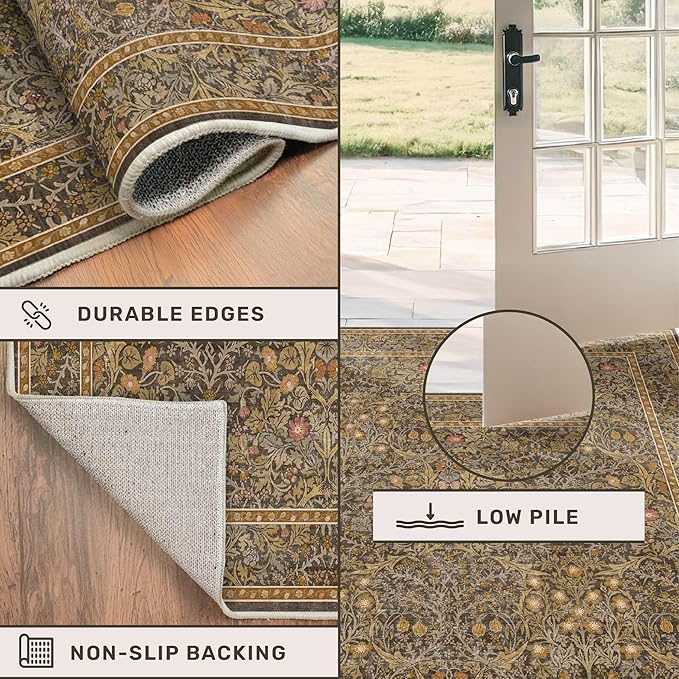 Non Slip 2x7 Gold Brown Hallway Runner - Long Runner Rugs for Bathroom, Washable Kitchen Floor Mat, Bedroom Bedside - Brown Earthy Vintage Floral Décor
