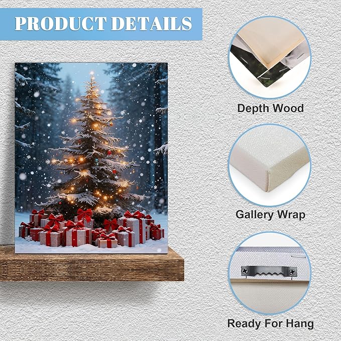 Framed Christmas Pictures Wall Decor,Vintage Pine Tree Prints,Winter Christmas Canvas Wall Art Decoration for Bedroom Bathroom Living Room Rustic Xmas Holiday Gifts (Christmas Tree 14, 11'' X 14'')