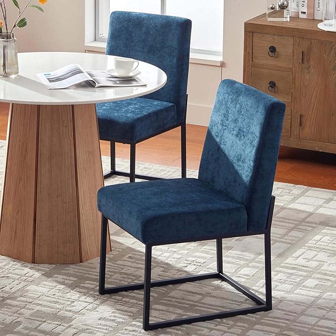VKNOW Upholstered Dining Chairs Set of 2, Modern Dining Room Chairs, Linen Kitchen Chair Dinner Chair with Black Metal Base for Kitchen Office, Blue-Unstriped