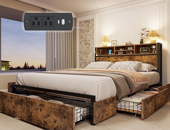 EnHomee Full Size Bed Frame with 6 Storage Drawers Full Bed Frame with Headboard, with Charging Station, No Noise, No Box Springs Needed, Vintage Brown
