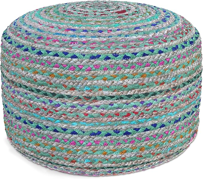 SIMPLIHOME Margo Round Pouf - 20 inch Wide Handwoven Jute and Cotton Braided Ottoman in Green, Boho-Style Footstool or Extra Seating for Living Room or Bedroom with Polystyrene Bead Filling, Assembled
