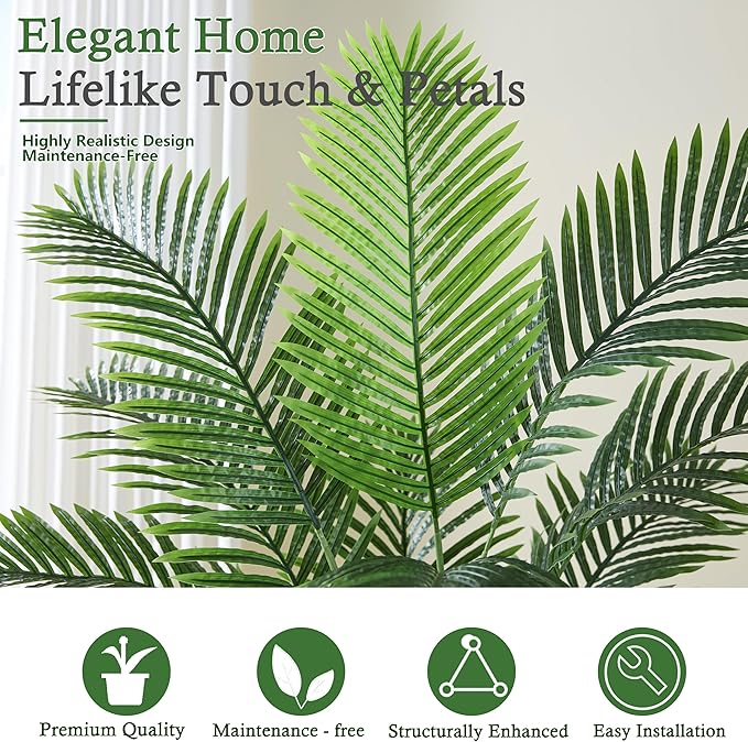 Artificial Palm Tree：5FT Tropical Fake Silk Plant UV Resistant Faux Areca Palm with White Planter & Black Pebbles for Home Office Living Room Decor Indoor Patio Porch Balcony (5FT,1-Pack,Black)