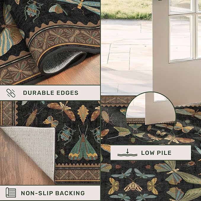 Black Front Door Mat Indoor Entrance Non Slip Washable - 3x4 Throw Rug for Kitchen, Mudroom, Bedroom Bedside, Insect Boho Vintage Aesthetic Décor