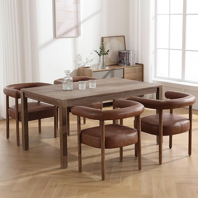 PU Leather Dining Chairs Set of 2, Modern Upholstered Dining Chairs, Curved Backrest Kitchen Dining Room Chairs Accent Chairs Arm Chairs with Natural Wood Legs, Brown