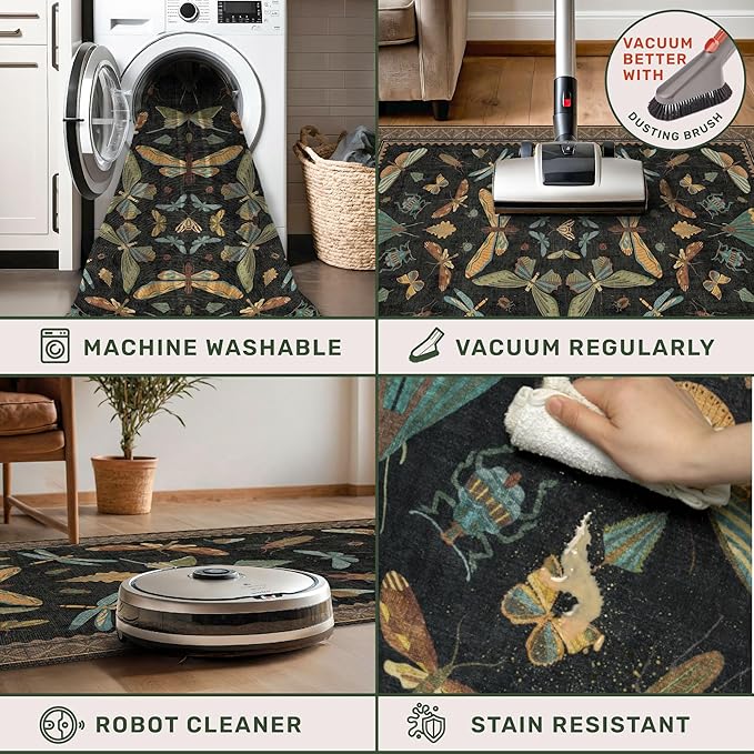 Dark 6x8 Insect Area Rug for Living Room - Vintage Washable Rugs for Dining Room Under Table, Low Pile & Soft Boho Bedroom Decor, Butterfly Non Slip Foldable Carpet