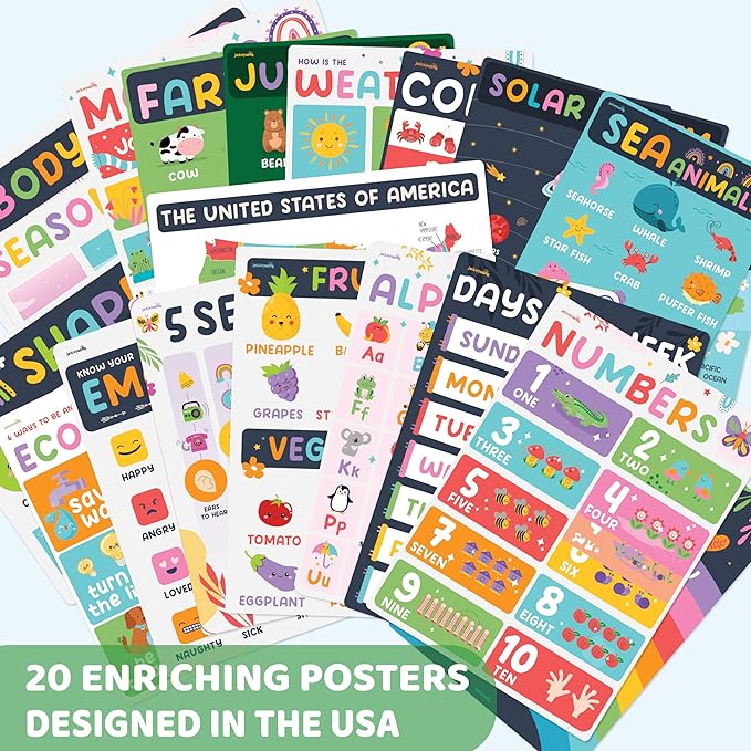 jackinthebox 20 Colorful Pre K Educational Posters for Toddlers - 12 x 17 inches Laminated, Homeschool Decorations, Preschool Posters, Classroom Posters, Easter Gift Learning Posters for Toddlers 1-3.