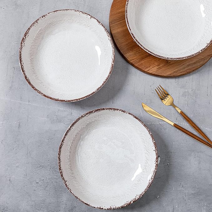 LEHAHA Farmhouse Pasta Bowls, Set of 6, White Melamine Rustic 42 oz Shallow Bowl, Large Salad Bowl, Deep Pasta plate, Dishwasher Safe Serving Bowls.…