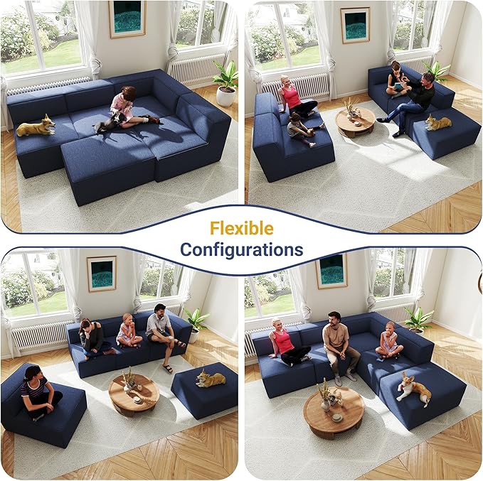 97"+57" 5-Piece Modular Sectional Sofa Convertible Cube Thick Couch 2 3 4 Seat Set, L-Shape, No Assembly for Living Room (3xArmless+1xCorner+1xOttoman) Fabric Chenille Blue