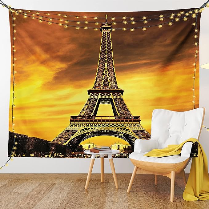 Ambesonne Eiffel Tower Tapestry King Size, Paris Love City Monument in Dramatic Sunrise Picture of French Landmark, Wall Hanging Bedspread Bed Cover Wall Decor, 104" X 88", Yellow Brown