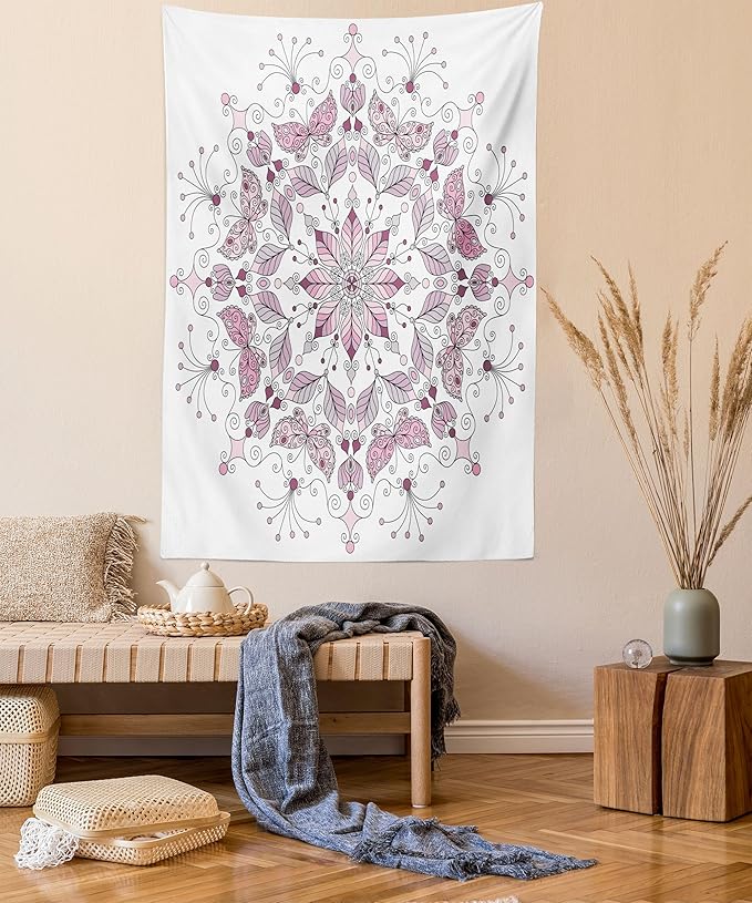 Ambesonne Mandala Tapestry, Lacy Inspired Pastel Floral Motif with Butterfly and Lotus Branches Design, Fabric Wall Hanging Decor for Bedroom Living Room Dorm, 30" X 45", White Pale Pink