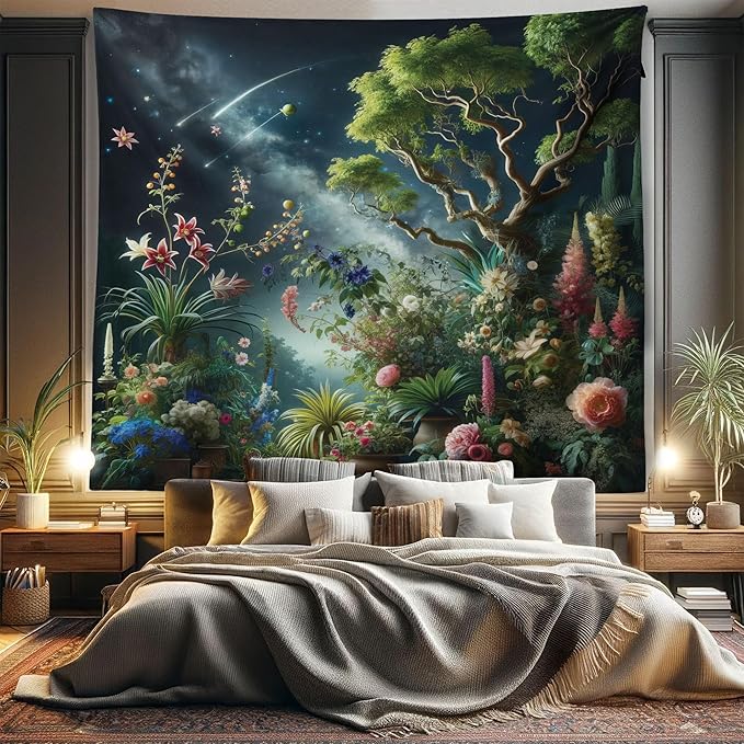 Ambesonne Aesthetic Tapestry King Size, Exotic Forest of Twilight with Trees Bushes and Flowers Falling Stars, Wall Hanging Bedspread Bed Cover Wall Decor, 104" X 88", Green Dark Night Blue