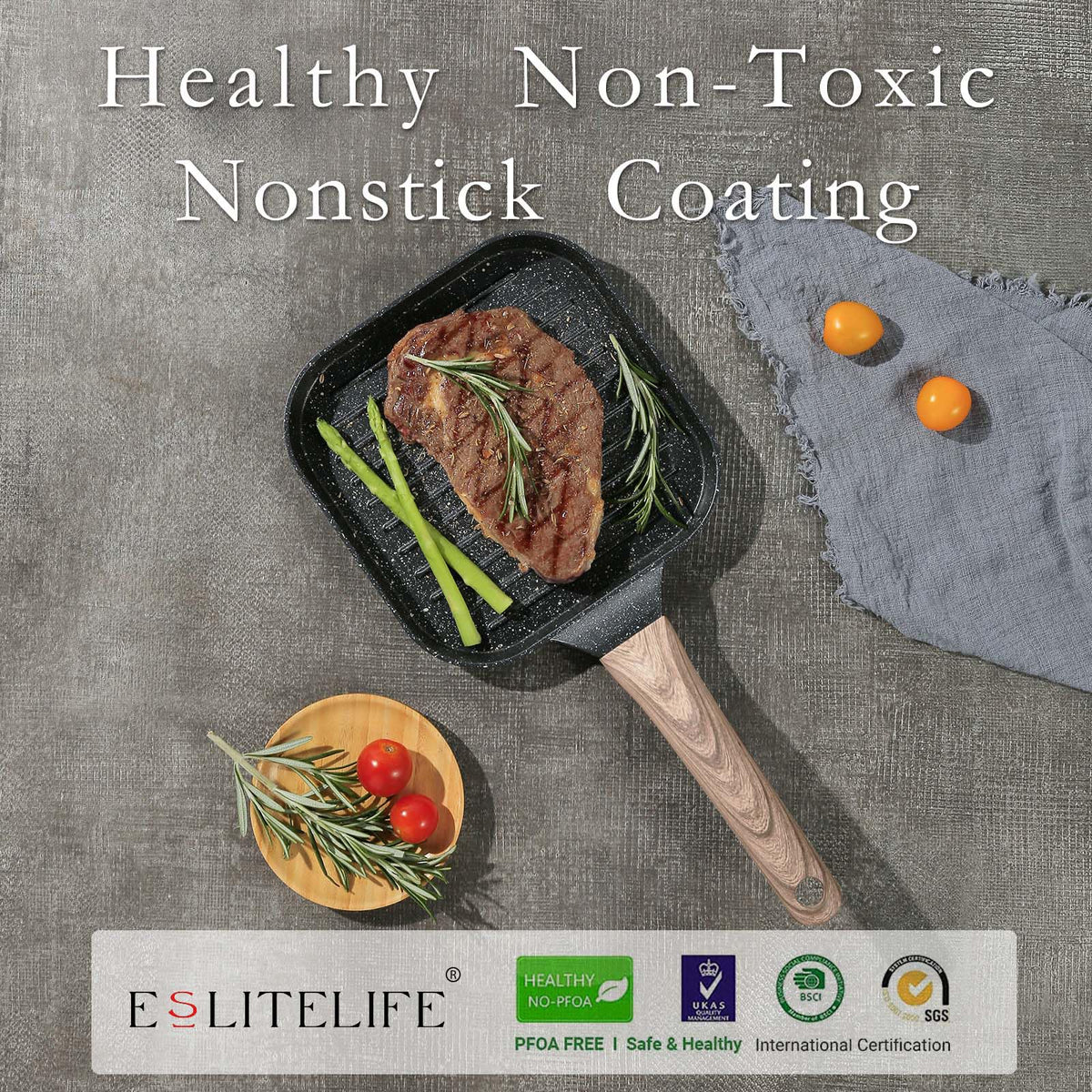 ESLITE LIFE Nonstick Grill Pan for Stove Tops, Versatile Griddle with Pour Spouts, 9.5 Inch Square Big Grilling Skillet Steak Pan for Indoor & Outdoor Cooking, PTFE & PFOA Free, Black