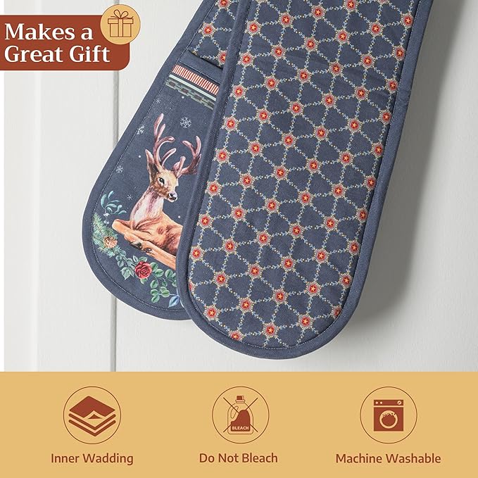 Maison d' Hermine Double Oven Mitt (7" x 35") 100% Cotton Heat Resistant BBQ Cooking Gloves with Loop for Thanksgiving Christmas Decorations Baking Cooking Barbeque Handling Hot Pan (Christmas Joy)