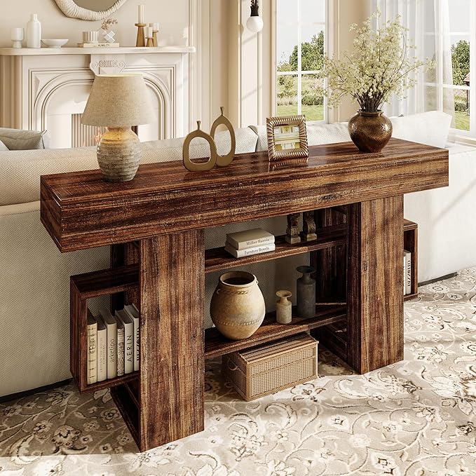 63 Inch Long Console Table for Entryway, Farmhouse Wooden Sofa Table Behind Couch with 3-Tier Storage Shelf, Narrow Entry Accent Table for Living Room, Hallway, Foyer, Rustic Brown