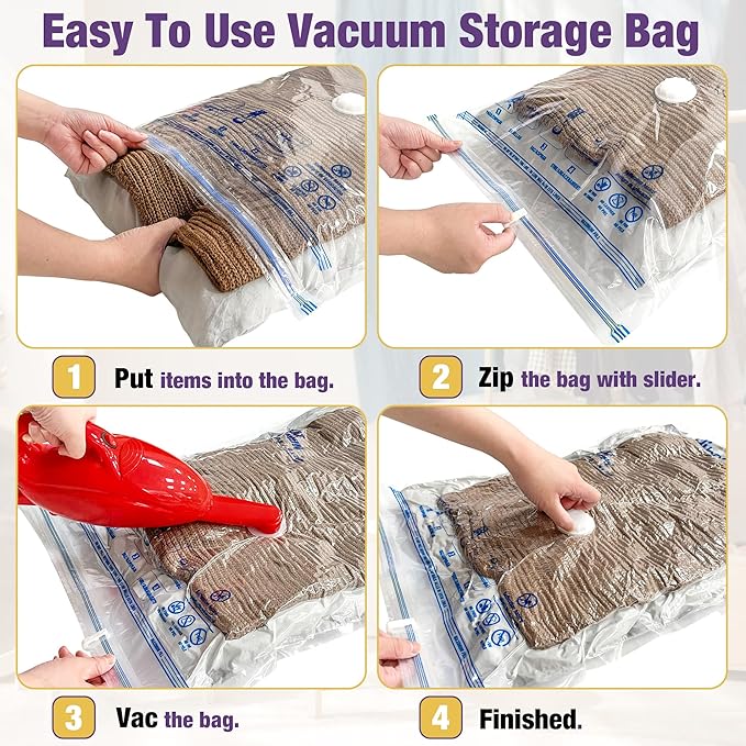 HIBAG Vacuum Storage Bags, 10-Pack Vacuum Seal Bags for Clothing Clothes, Space Saver Bags (2 Jumbo, 2 Large, 2 Medium, 2 Small, 2 Roll-up) with Pump (10-Combo)