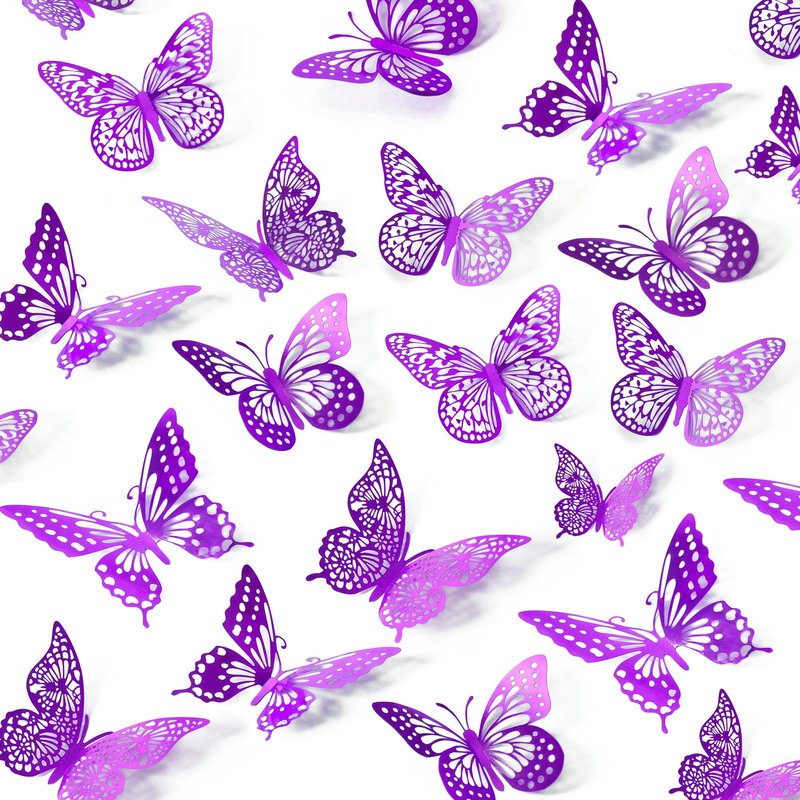 SAOROPEB 3D Butterfly Wall Decor - 48 Pcs, 4 Styles, 3 Sizes - Purple Butterfly Decorations for Birthday Parties, Removable Stickers