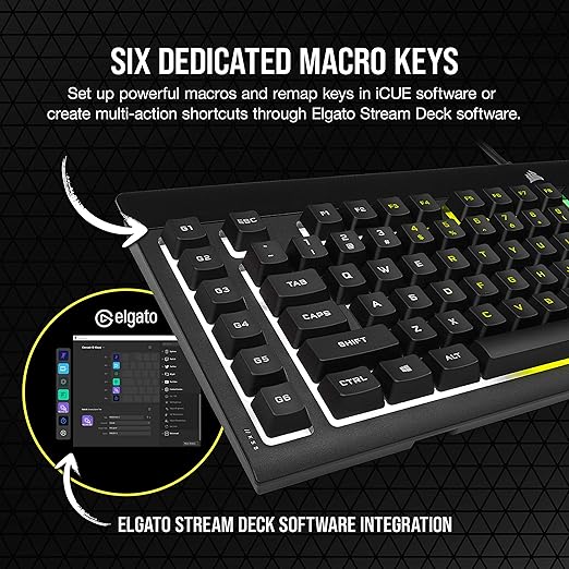 Corsair K55 RGB PRO Membrane Wired Gaming Keyboard – IP42 Dust and Spill-Resistant – 6 Macro Keys with Elgato Integration – iCUE Compatible – QWERTY NA – PC, Mac, Xbox – Black