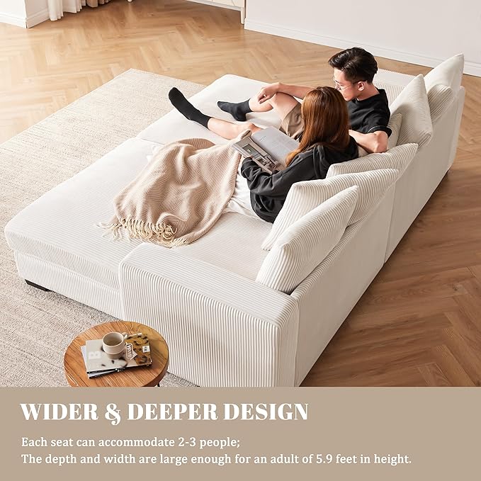 58.3" Oversized Chaise Lounge Indoor for Living Room, Solid Wood Comfy Sleeper Reclining Sofa with Thickened Cushions Widened Armrests for Bedroom, Deep Seat Lounge Sofa with Ottoman, Beige