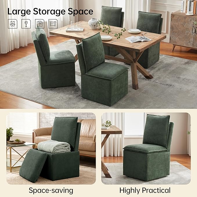 VKNOW Upholstered Dining Chairs Set of 4, Modern Rolling Chairs with Storage and Wheels, Linen Armless Chair with Cushion and Backrest, Dining Room Chairs for Living Room Kitchen Bedroom, Green