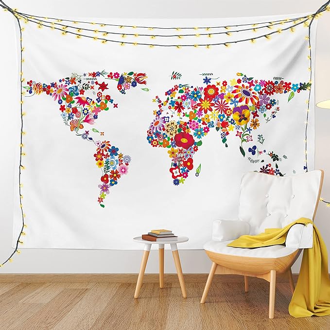 Ambesonne Floral World Map Tapestry, Bunch of Flower Petals Essence Fragrance Garden Growth Theme Atlas Image, Fabric Wall Hanging Decor for Bedroom Living Room Dorm, 28" X 23", Red White