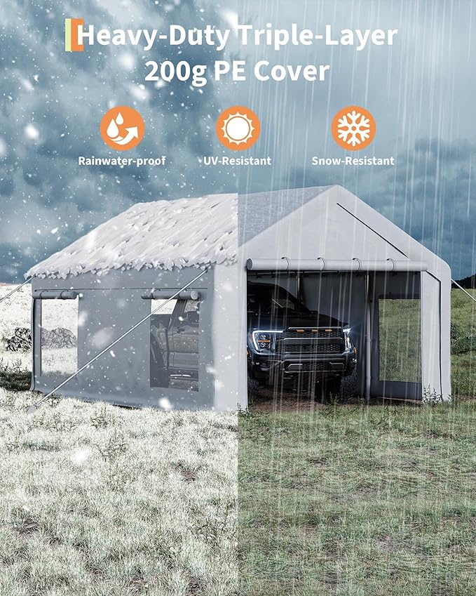 Heavy Duty Carport Canopy 12x20 FT Outdoor Storage Shed – Portable Metal Garage Tent Shelter with Removable Sidewalls & Doors, Car Boat Truck Cover for Driveway, RV, Motorcycle,White