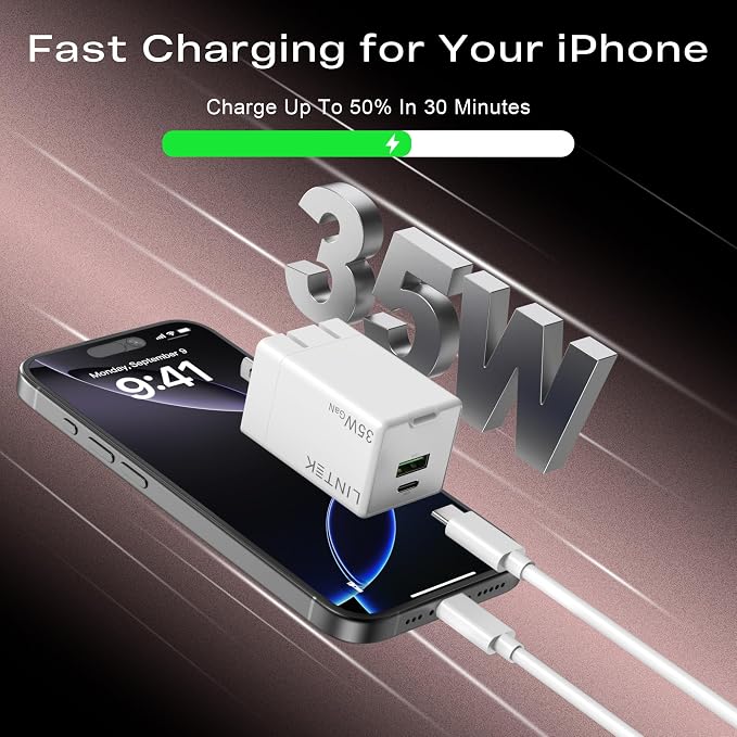 35W GaN Fast Charger Block Foldable Dual Port USB-C &amp USB-A PD 3.0 Wall Adapter Compact Travel Charger for iPhone 17/17 Pro/17 Pro Max/17 Ultra 16/15/14/13/12 Samsung Galaxy iPad