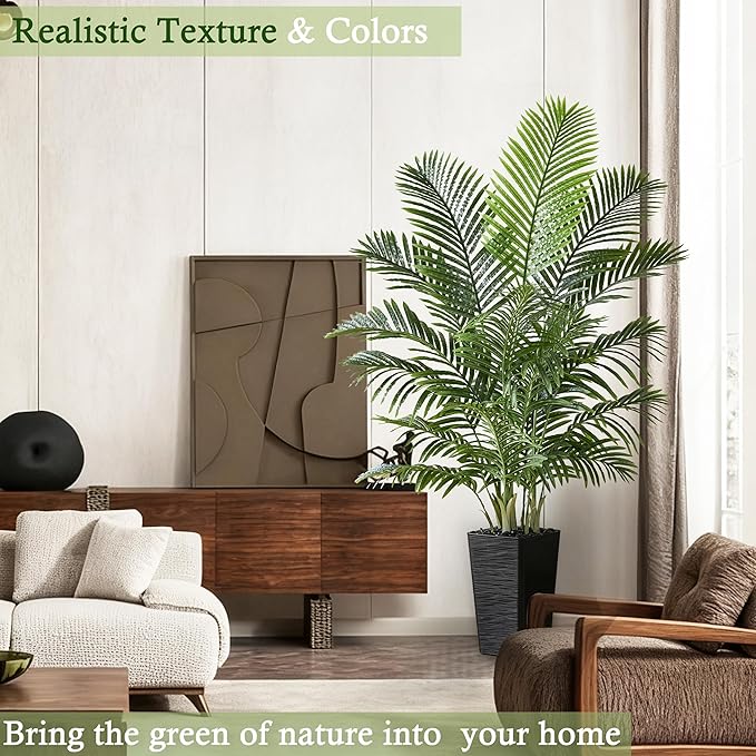Artificial Palm Tree：5FT Tropical Fake Silk Plant UV Resistant Faux Areca Palm with White Planter & Black Pebbles for Home Office Living Room Decor Indoor Patio Porch Balcony (5FT,1-Pack,Black)