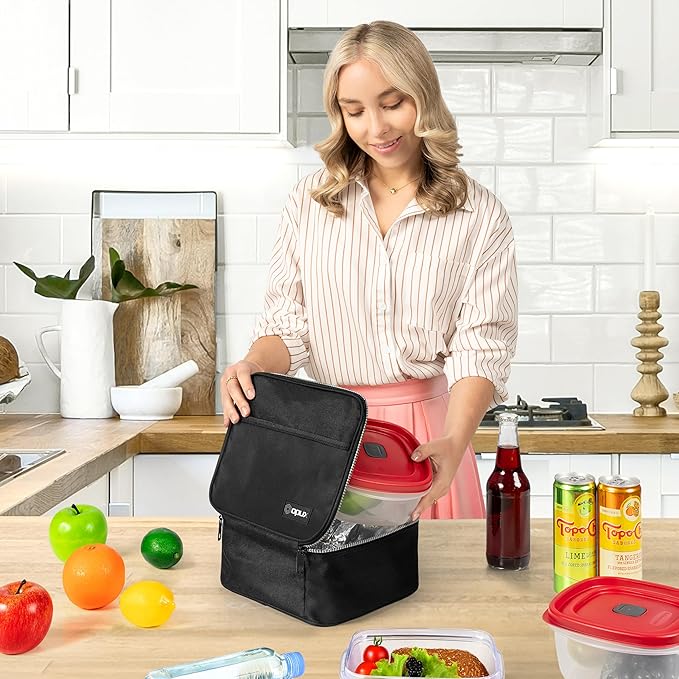 opux Insulated Lunch Bag Kids, Lunch Box for School Boy Girl, Leakproof Small Reusable Compact Soft Mini Cooler Bag, Toddler Small Lunch Boxes Kit Pail with Front Side Pockets (Black)