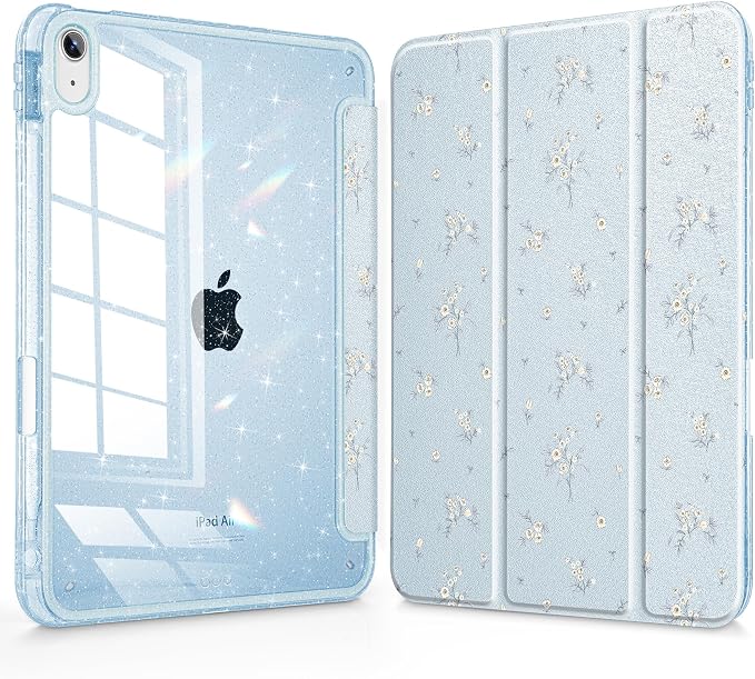 for iPad Air 11 inch M4/M3/M2 (2026/2025/2024) iPad Air 5th/4th Gen (2022/2020) 10.9 inch with Pencil Holder Glitter Clear Pretevtive Cover Auto Wake/Sleep Black Cartoon Stickers