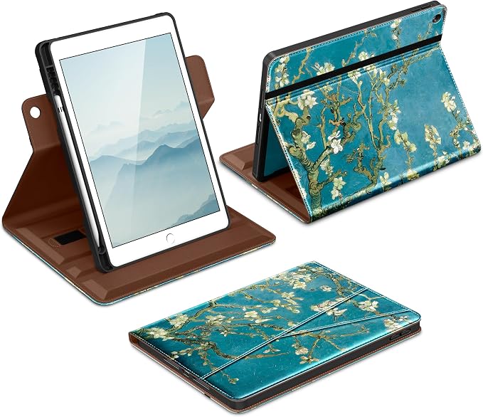 DTTO for iPad 9th/8th/7th Gen Case 10.2 Inch (2021/2020/2019) Brown | 360 Degree Rotating Premium Faux Leather Folio Stand Cover with Pencil Holder Auto Sleep/Wake Multiple Angles Hand Strap
