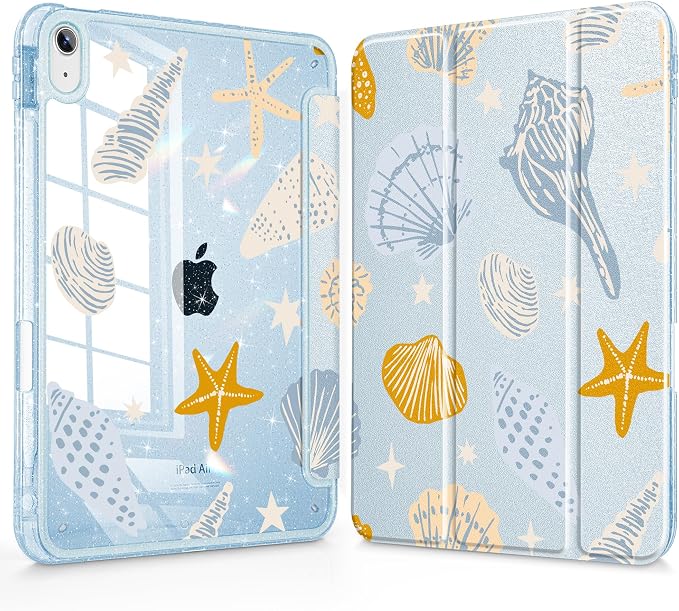 for iPad Air 11 inch M4/M3/M2 (2026/2025/2024) iPad Air 5th/4th Gen (2022/2020) 10.9 inch with Pencil Holder Glitter Clear Pretevtive Cover Auto Wake/Sleep Black Cartoon Stickers
