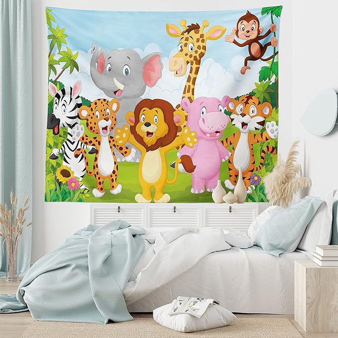 Ambesonne Cartoon Tapestry, Comic Savannah Animals Playful Friendly Savannah Jungle Happy Wildlife Nature, Fabric Wall Hanging Decor for Bedroom Living Room Dorm, 28" X 23", Green Brown