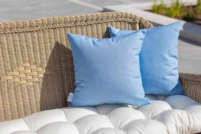 RSH DECOR: Sunbrella Square Throw Pillows Set of 2 | 24" x 24" | Water and Fade-Resistant Performance Fabric | Outdoor Pillow Covers with Down-Alternative Inserts | Canvas Air Blue