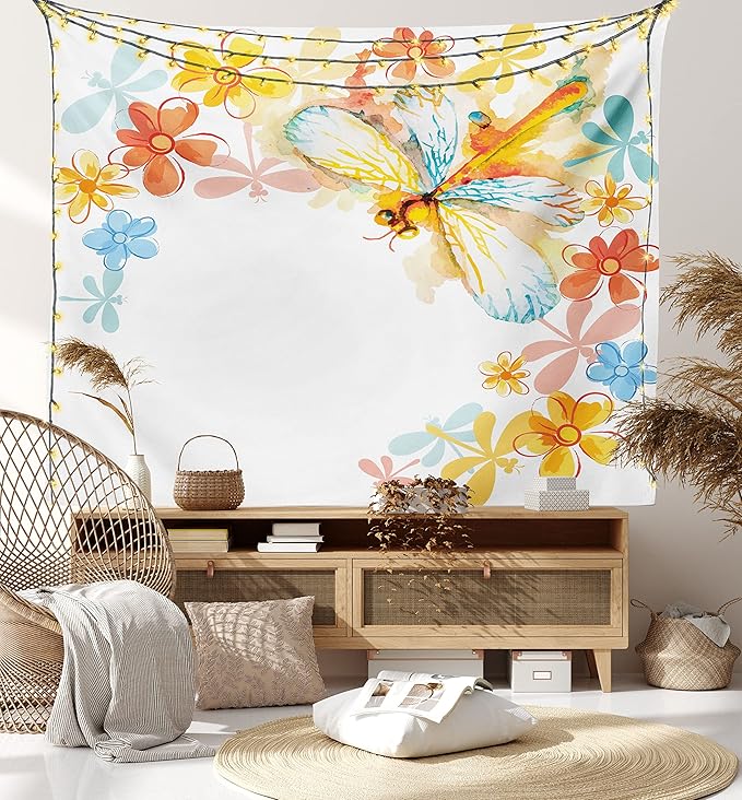 Ambesonne Dragonfly Tapestry Twin Size, Abstract Grunge Vintage Design Moth Spring Flowers Floral Frame Art Print, Wall Hanging Bedspread Bed Cover Wall Decor, 68" X 88", Yellow Orange