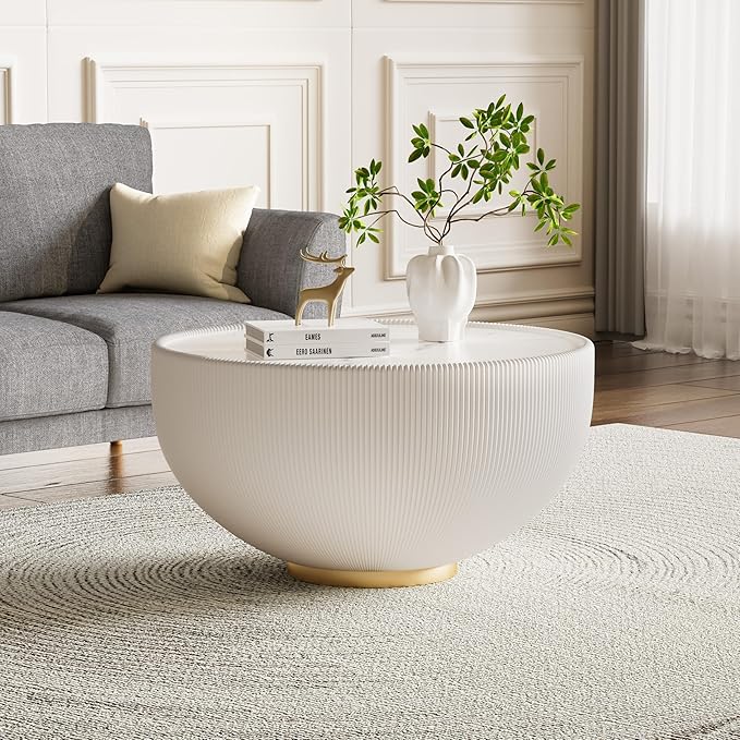 Round Coffee Table Set with Sintered Stone Tabletop, 27.56" White Drum Center Table and 19.69" Orange Coffee Table Set, 2 Pieces Living Room Table Set with Fluted PU Leather Cover& Metal Base