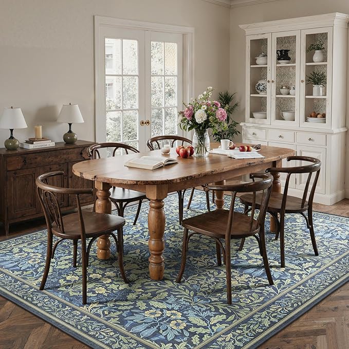 GENIMO 6x9 Washable Area Rug, Non-Slip Vintage Boho Floral Carpet, Soft Low-Pile Thin Living Room Rug for Bedroom, Dining Room, Nursery, Dark Blue