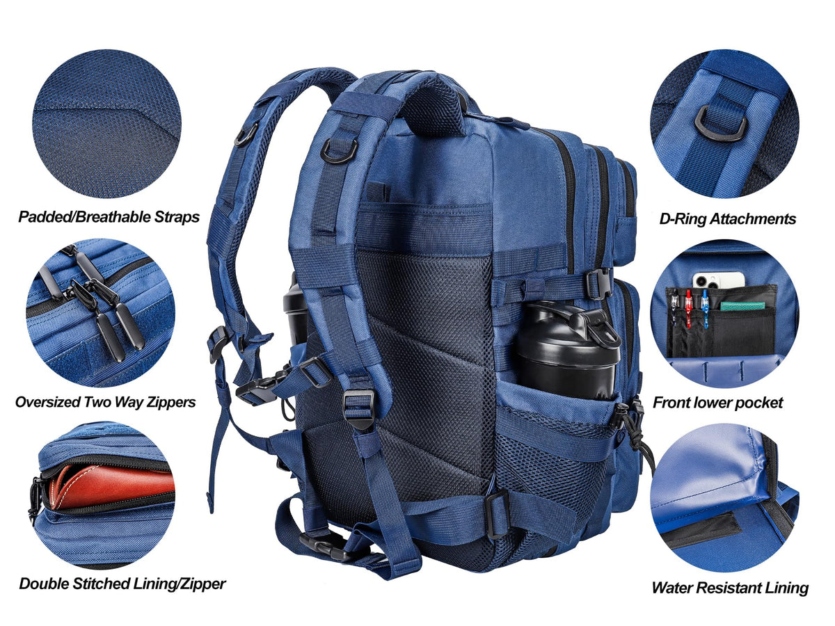 LHI Military Tactical Backpack for Men and Women 45L Army 3 Days Assault Pack Bag Large Rucksack with Molle System Blue