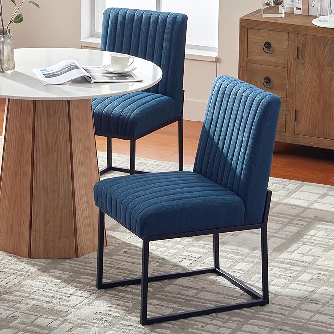 VKNOW Upholstered Dining Chairs Set of 4, Modern Dining Room Chairs with Stripe, Linen Kitchen Chair Dinner Chair with Black Metal Base for Kitchen Office, Blue
