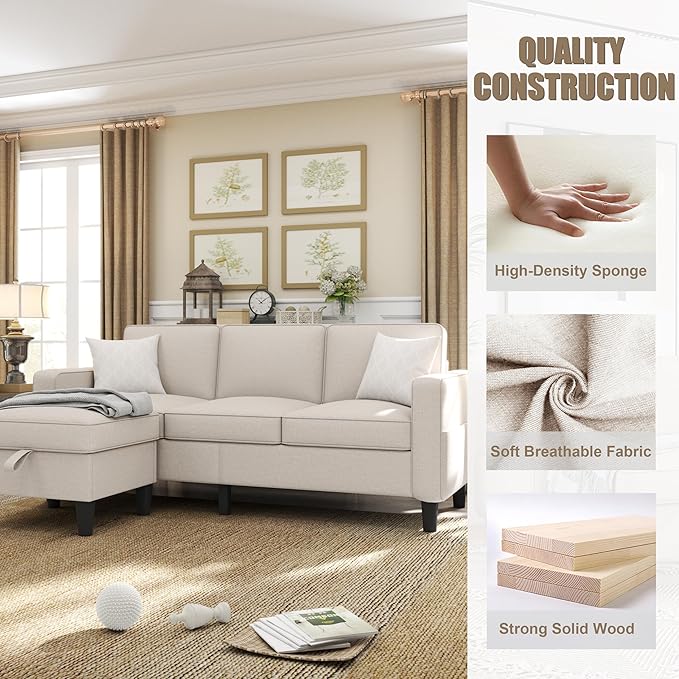 ZeeFu Couch for Living Room - 78'' Beige Linen 3 Seat L-Shaped Sectional Sofa Couches with Storage Ottoman - Modern Small Space Upholstered Furniture Sofa Set for Office Small Space Apartment Bedroom