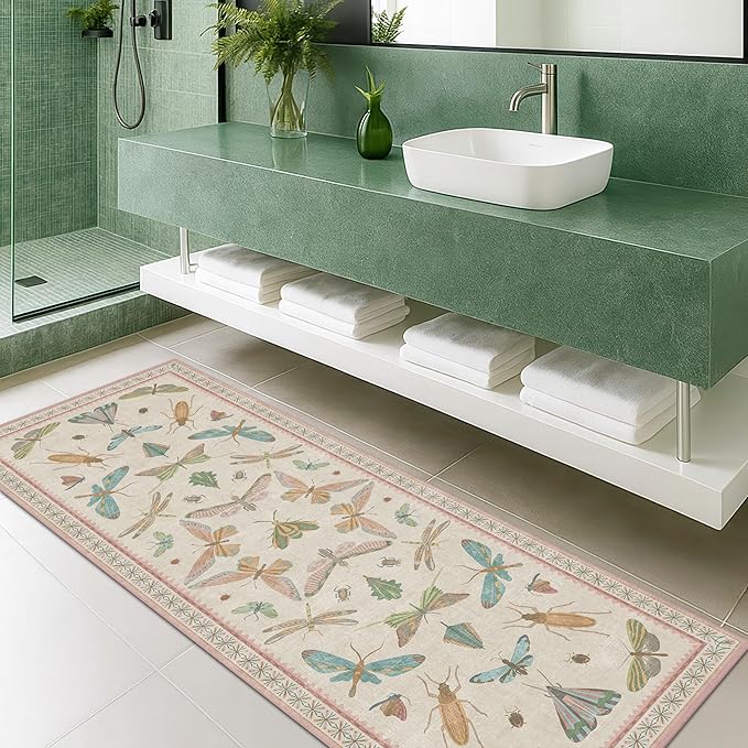 Boho Bathroom Runners - 2x6 Pink Rug for Kitchen, Entry Way, Hallway, Non Slip Washable Butterfly Insect Print Home Decor