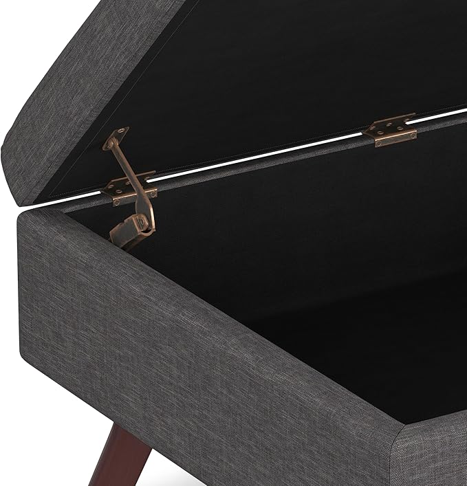 SIMPLIHOME Owen Coffee Table Storage Ottoman - 34 inch Wide Upholstered Linen Look Fabric Rectangular Lift-Top Ottoman in Slate Grey, Mid-Century Modern Bench for Living Room with Tapered Legs