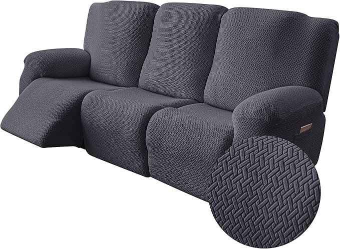 Genina Recliner Sofa Covers - Stretch Reclining Couch Covers with Stripe Jacquard - 3 Seat Cushion Slipcovers with Soft Fabric - Furniture Protector for Pet Kid (Dark Gray)
