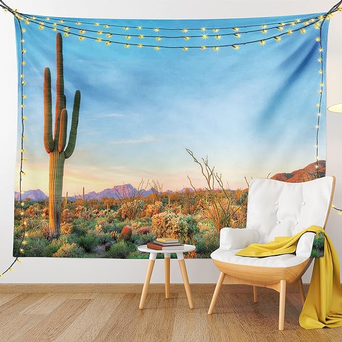 Ambesonne Saguaro Tapestry Queen Size, Sun Goes down in Desert Prickly Pear Cactus Southwest Texas National Park, Wall Hanging Bedspread Bed Cover Wall Decor, 88" X 88", Orange and Blue