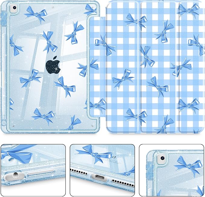 Mektron Sparkly Case for iPad 10.2 inch Glitter Tablet Cases for iPad 9th Gen 2021/8th Gen 2020/7th Gen 2019 Cover with Shiny Clear Back Shell Foldable Bling Smart Cover Blue Floral